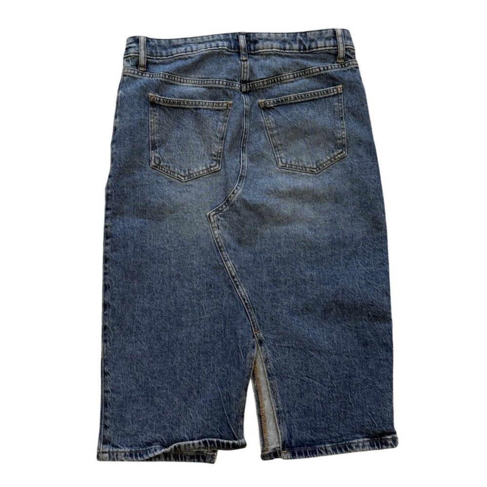 Lucky Brand Womens Denim Midi Skirt 8/29 Blue Front Back Slit Casual Whiskering - Picture 4 of 9